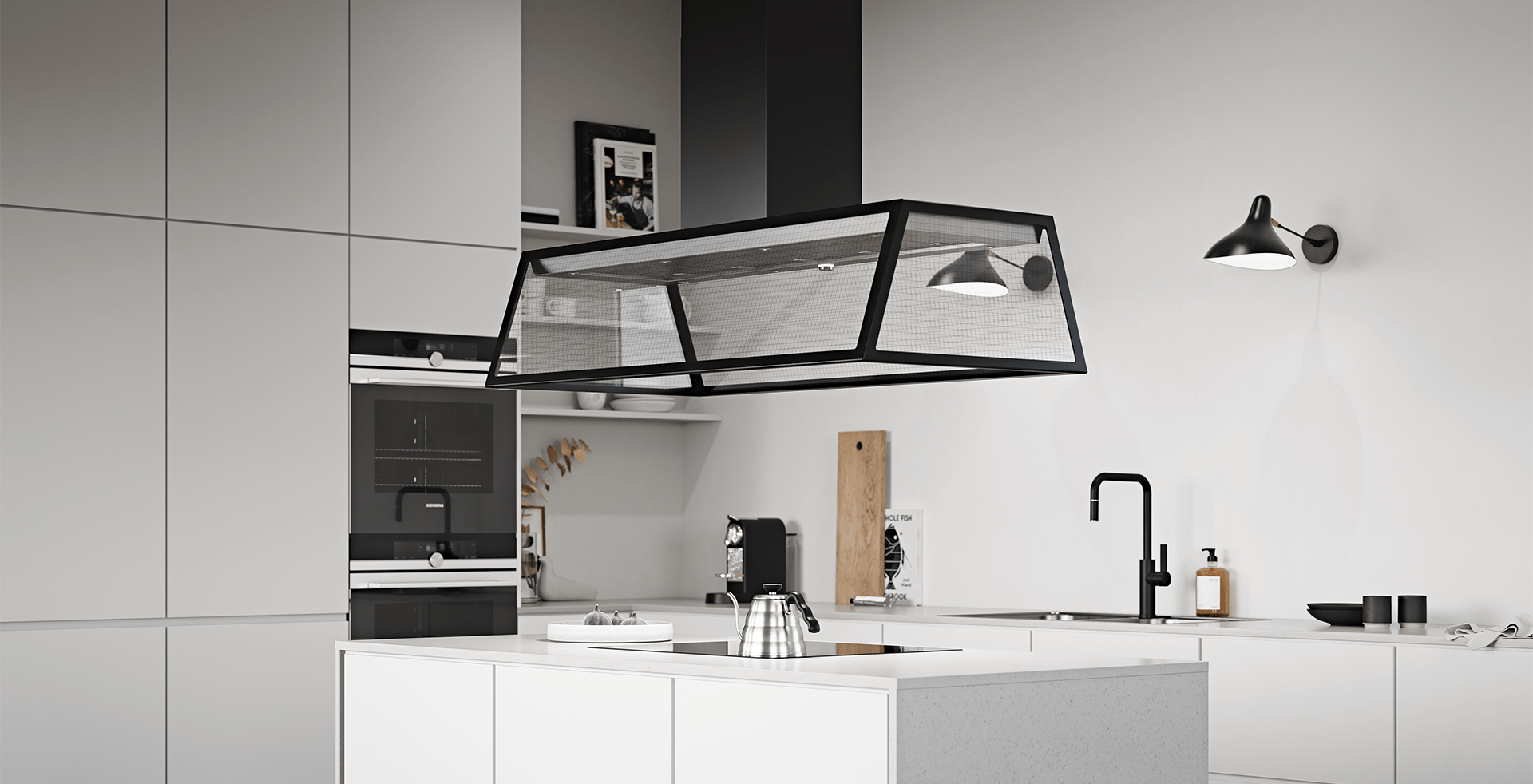 Köksö med spiskåpa i modernt kök